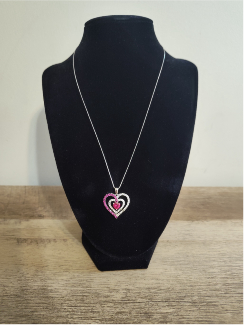 Women's Sterling Silver Heart Pendant Necklace with Simulated Rubies and Diamond